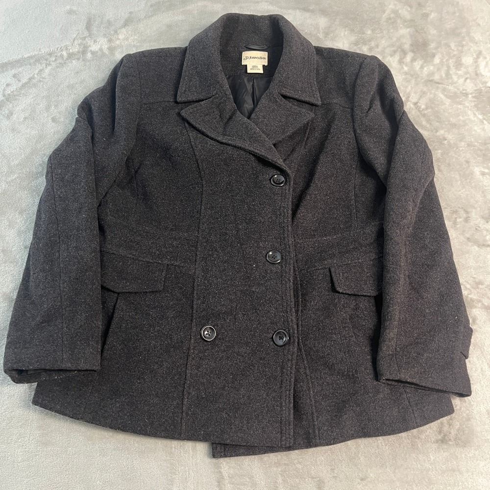 St. Johns Bay Womens Gray Black Wool Cashmere Blend Pea Coat Jacket Large EUC